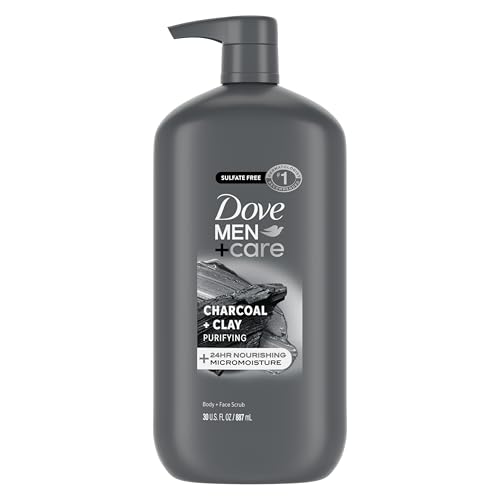 DOVE MEN + CARE Body and Face Scrub Charcoal + Clay Body Wash for Men with 24-Hour Nourishing Micromoisture Technology 30 oz