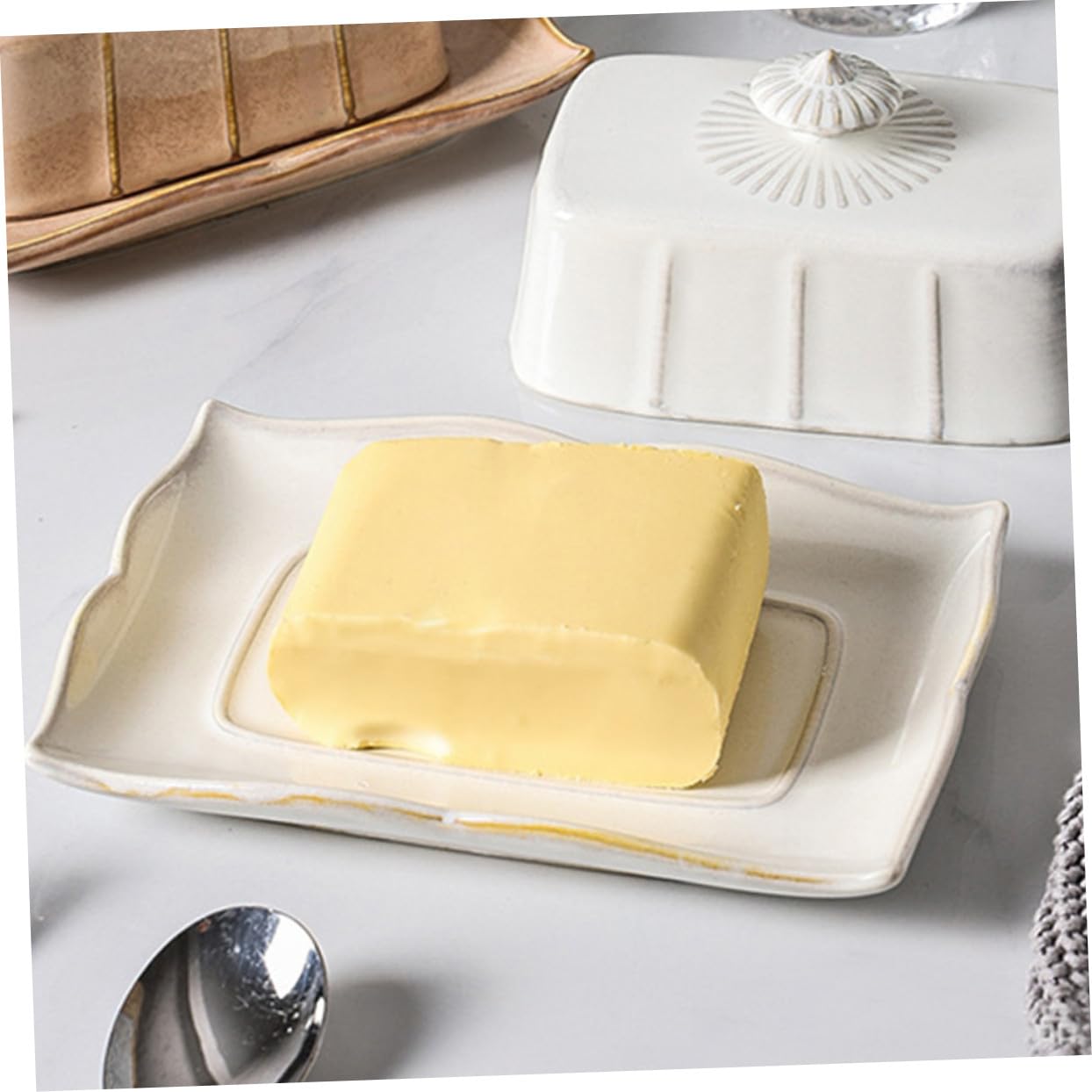 Beurrier en Céramique Blanc Couvercle, 1 Set pour Rangement