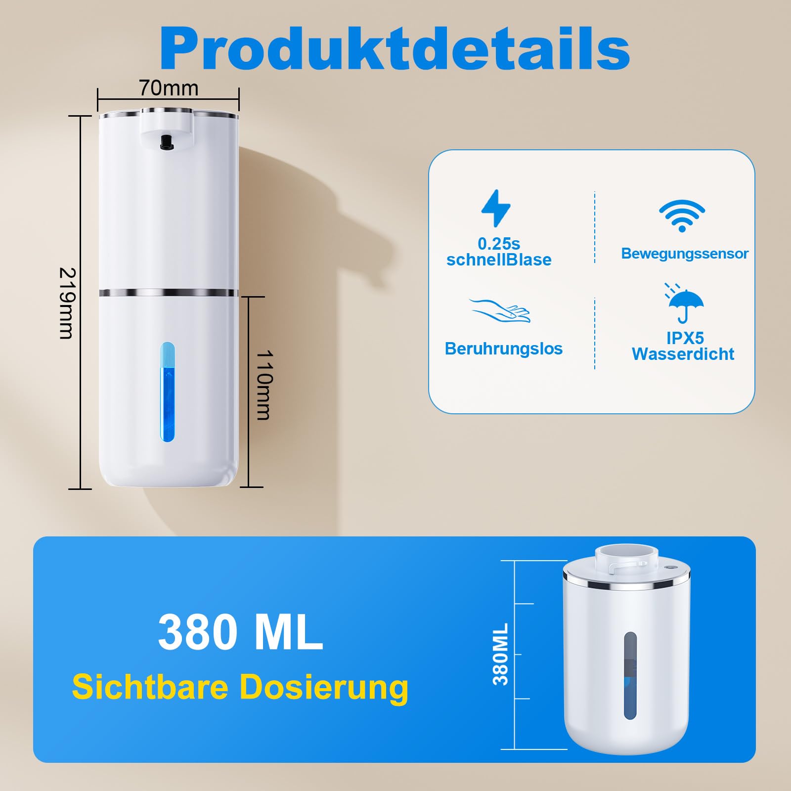 Fantictas Dozownik mydła automatyczny, elektryczny dozownik mydła z wyświetlaczem, ładowany przez USB, 6-stopniowa regulacja, 380 ml, montaż na ścianie, do łazienki/kuchni/płynu do mycia