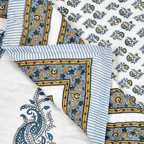 Image of BLOCKS OF INDIA Cotton Single Size Quilt Hand Block Print for Light Winters (60x90 Inches) (Grey Yellow BUTI 1)-300 TC