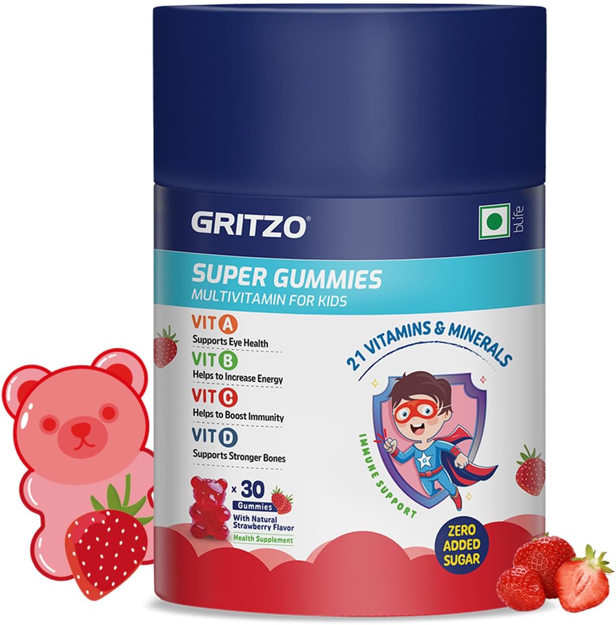Gritzo Super Gummies, Multivitamin for Kids (Natural Strawberry Flavour, 30 Gummies) | Zero Added Sugar, 21 Vitamins & Minerals