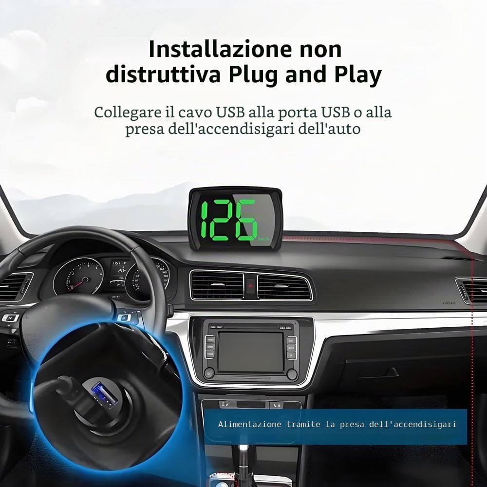 GERUI Tachimetro digitale per auto, schermo HUD Head Up da 2,8" KM/H, tachimetro con chip GPS, visualizzazione della velocità per tutti i veicoli, USB Plug and Play