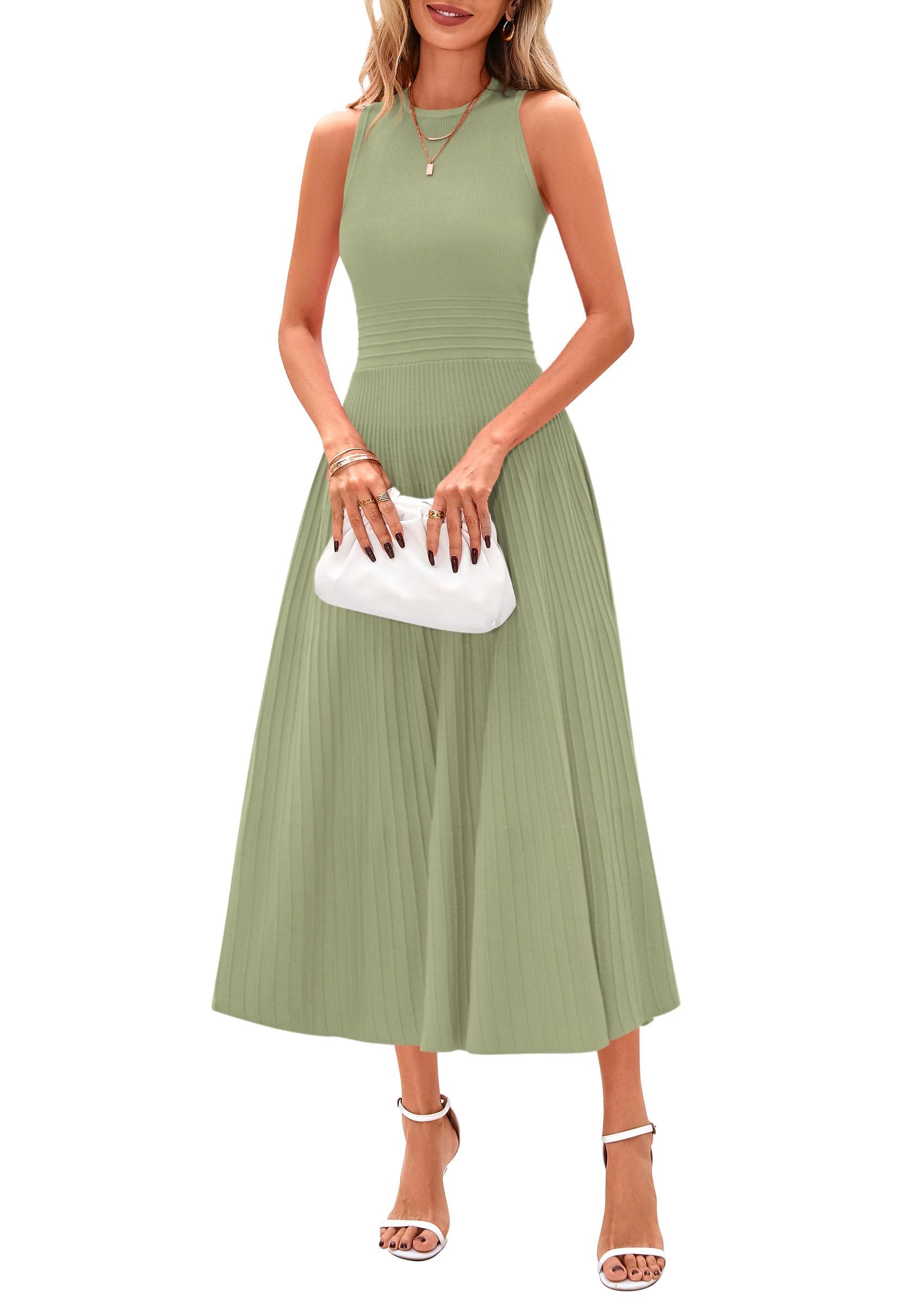 PRETTYGARDEN Women's Summer Pleated Midi Work Dress | Sleeveless A Line Knit Business Dresses, Spring Semi Formal Long Dress for Wedding Guest, Cocktail Party, Teacher Outfits