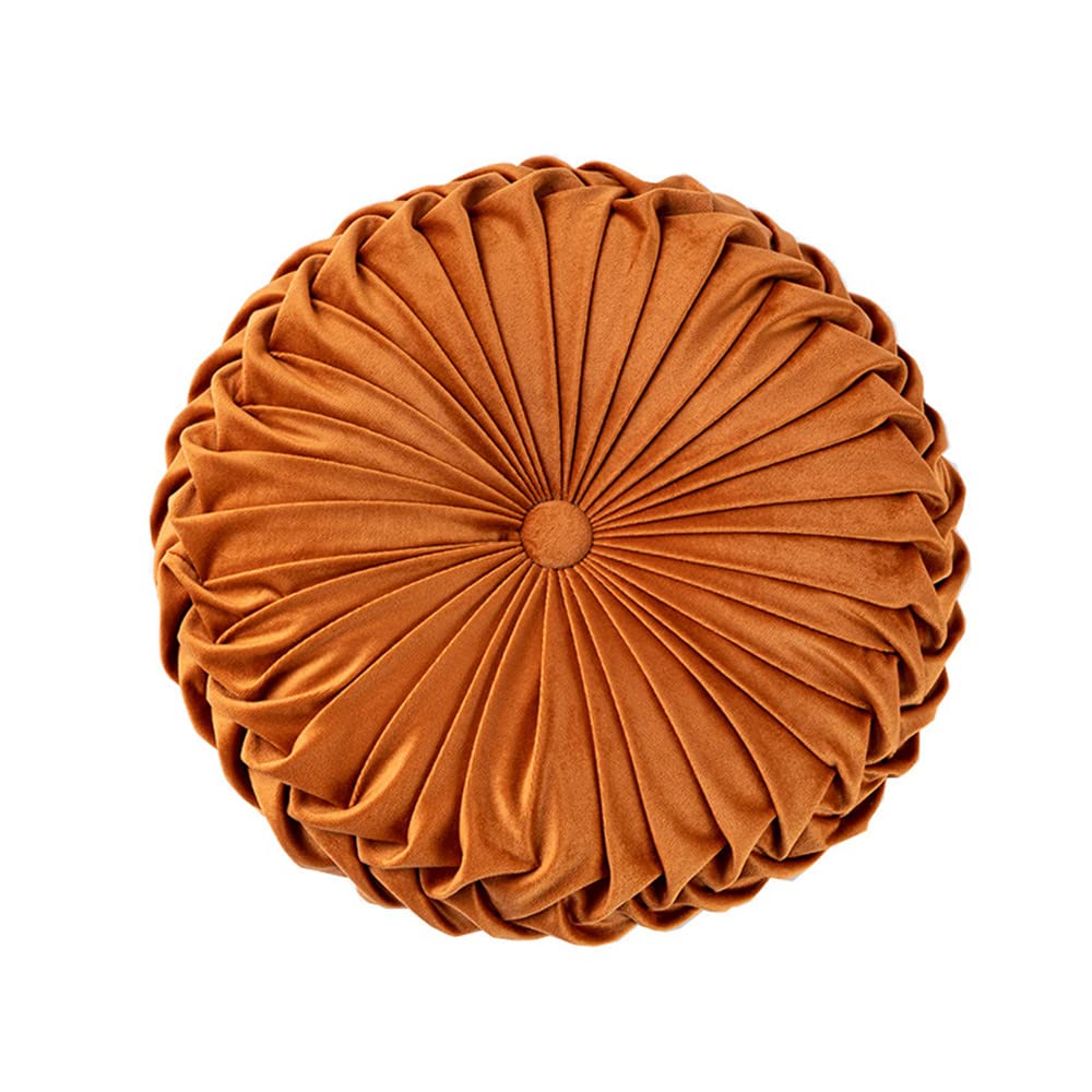 Natureman Orange 13.7 Inch Round Sofa Cushion Pure Color Velvet Home Decor, Pleated Round Cushion, Pumpkin Pillow Suitable For Home Bed Car Decoration (Orange)