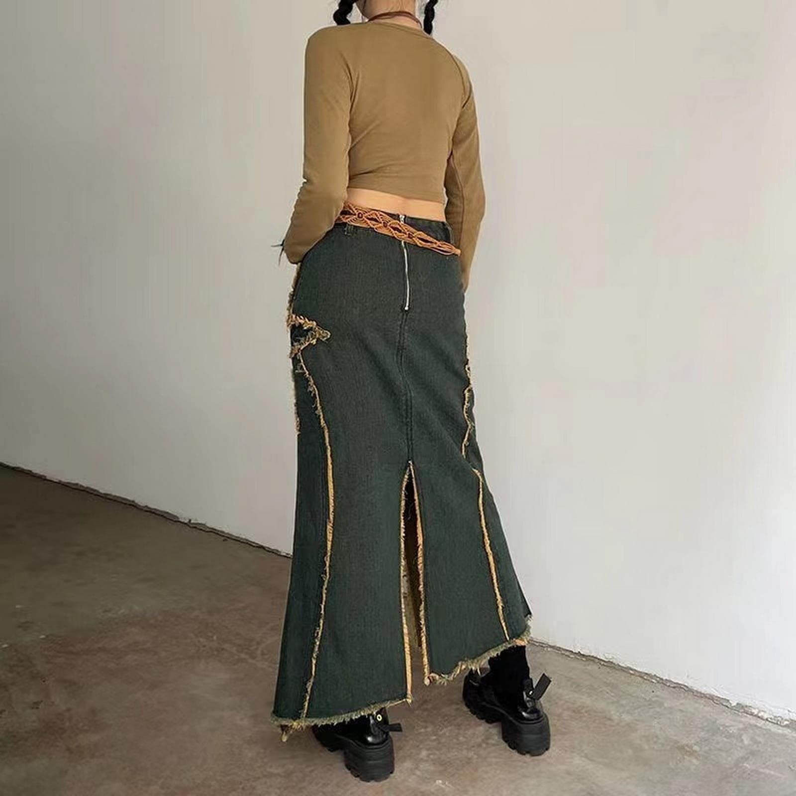 Langer Rock für Damen, Vintage, unregelmäßig, Stern, knielang, Denim, Midi-Rock, hohe Taille, gerade Maxi-Röcke, Blau / Gelb, 44