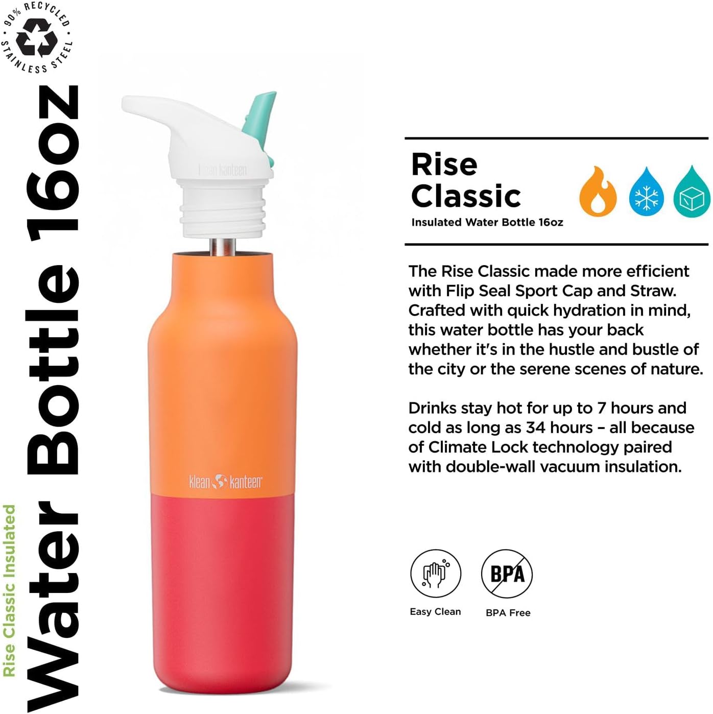 Klean Kanteen Rise Classic Insulated Bottle – Leakproof Sport Cap, 16 oz – Marigold Kaleidoscope - Image 2