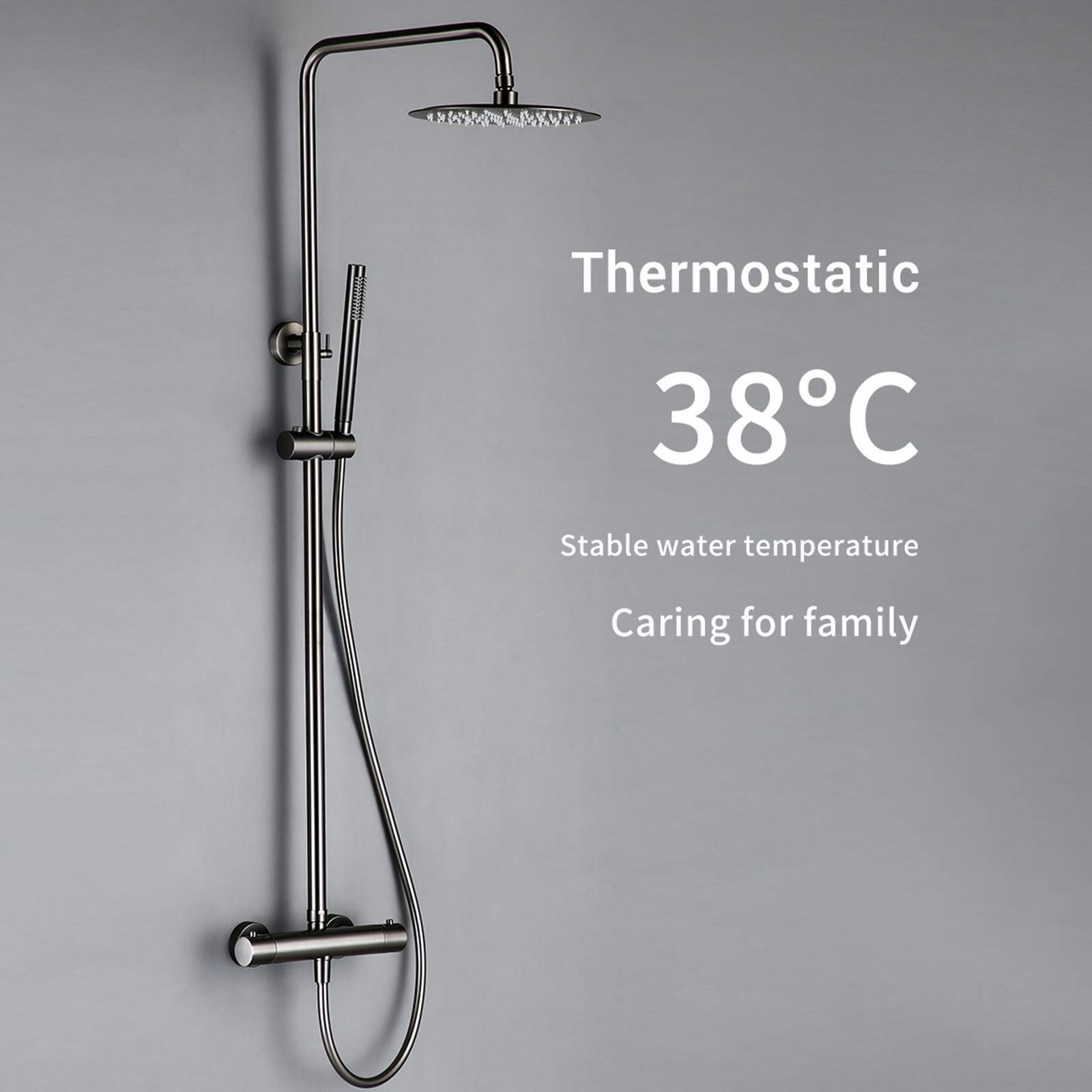 Zestaw prysznicowy termostatyczny, ścienny, szary, z baterią natryskową, z deszczownicą, mosiężna słuchawka prysznicowa, 12 cali, 12 cali, 12 cali,12 Inches