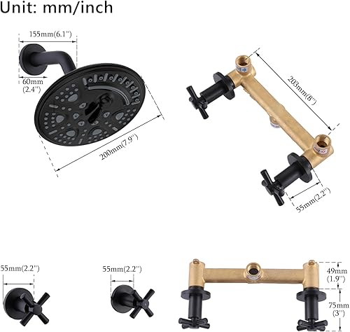 Miniatura 2 de Juego de grifo de ducha de 2 asas con cabezal de ducha de acero inoxidable, kit de molduras de ducha de una sola función con válvula áspera, negro