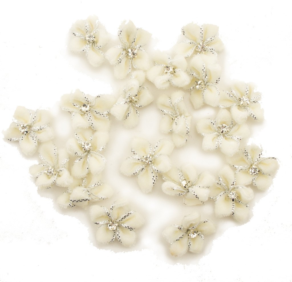 Garniture de Fleurs en Velours Blanc HAND 23mm avec Bordure Métallique - Lot de 20