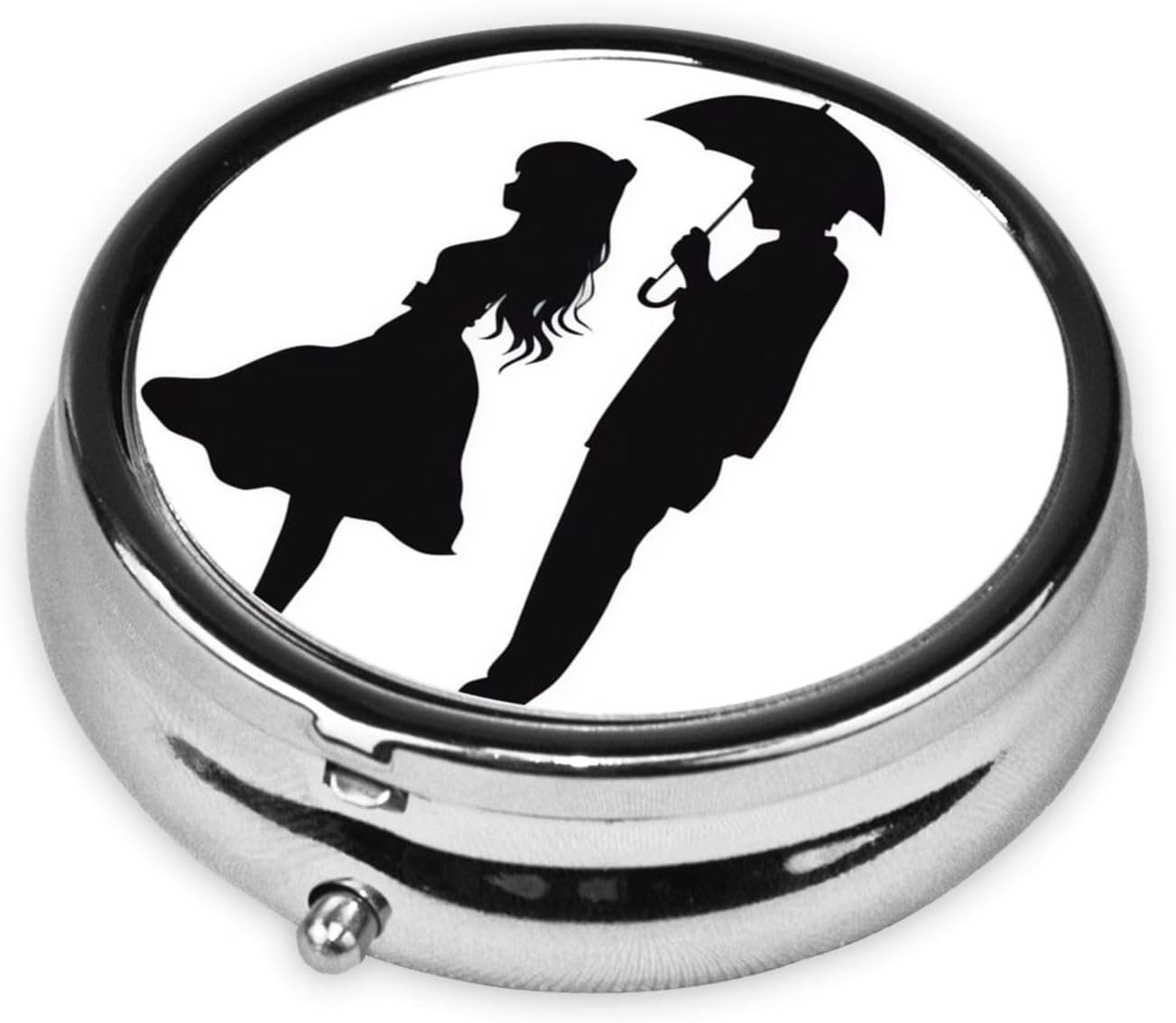 Anime Lovers Silhouette Round Pill Box Mini Metal Pill Case for Purse Small Cute 3 Compartment Medicine Pill Organizer Portable Pill Container Holder for Daily Medicine Vitamin image 4