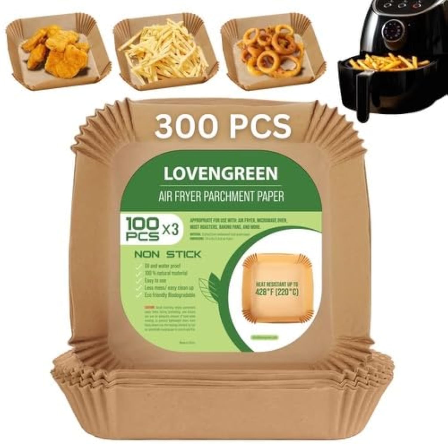 LOVENGREEN | 300 Bulk | 3-100 pc Packs | 7.9 Inch Square Air Fryer Liners Disposable | Unbleached | Parchment Paper Basket Liner for Ninja, Cuisinart, Cosori, Instapot, Phillips Most Brands |