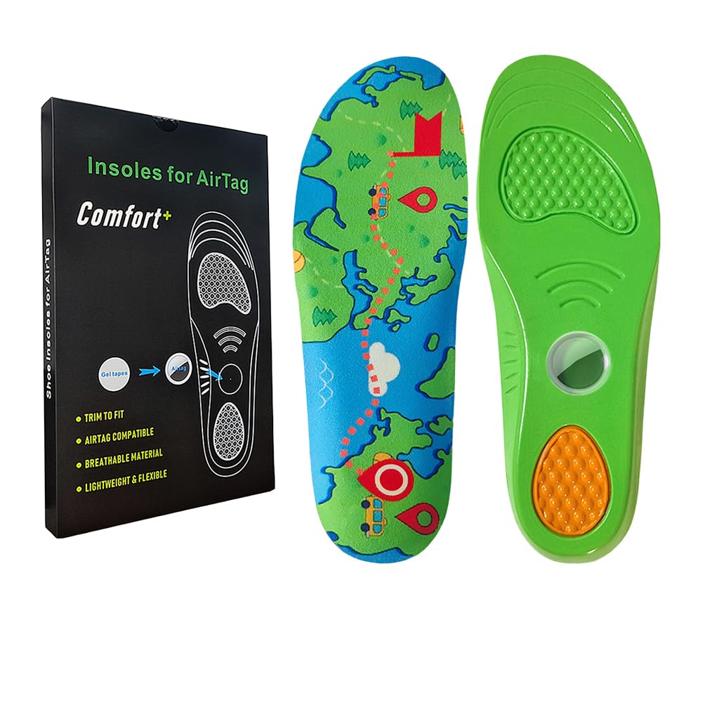 Child Shoe Insoles, Trackable Cushion Footbed with Built-in AirTag Slot, Comfortable Arch Support, Supportive Shoe Insoles for Everyday Wear, Sport Wear, XS