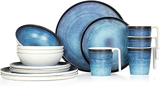 Moritz Camping Tableware Made of Melamine for 4 People, 16 Pieces, Dishwasher Safe, Picnic Crockery Set, Crockery Camping Tableware, Deep Ocean Design