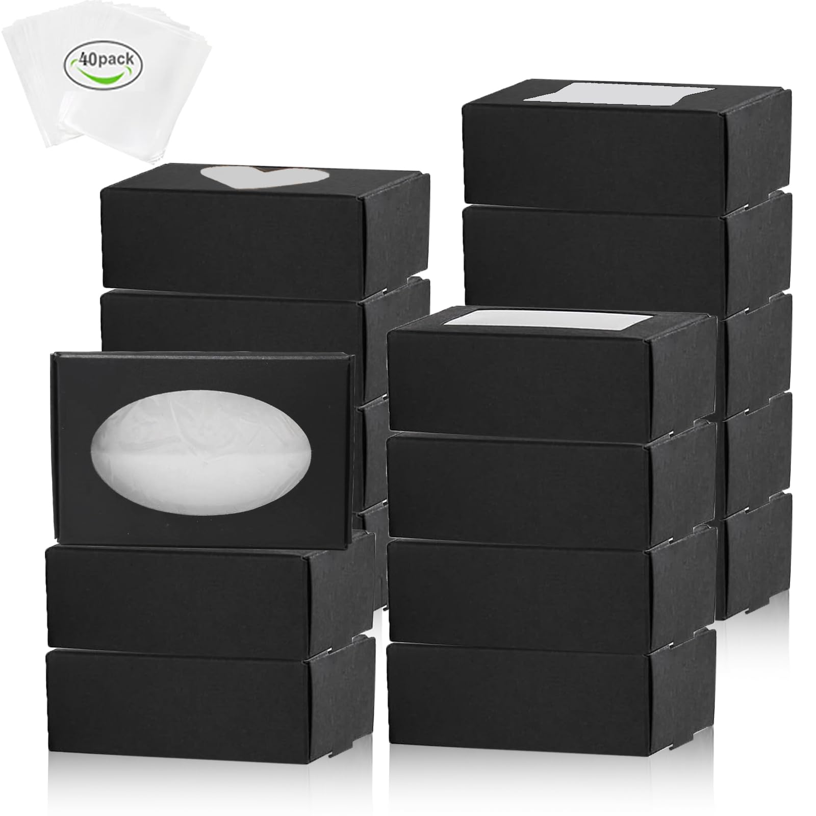 BZIDII 36Pcs Soap Boxes for Homemade Soap and 40pcs Shrink Bags,3.54 X 2.36 X 1.18 Inch Soap Boxes with Window,Bar Soap Packaging Kraft Boxes Supplies