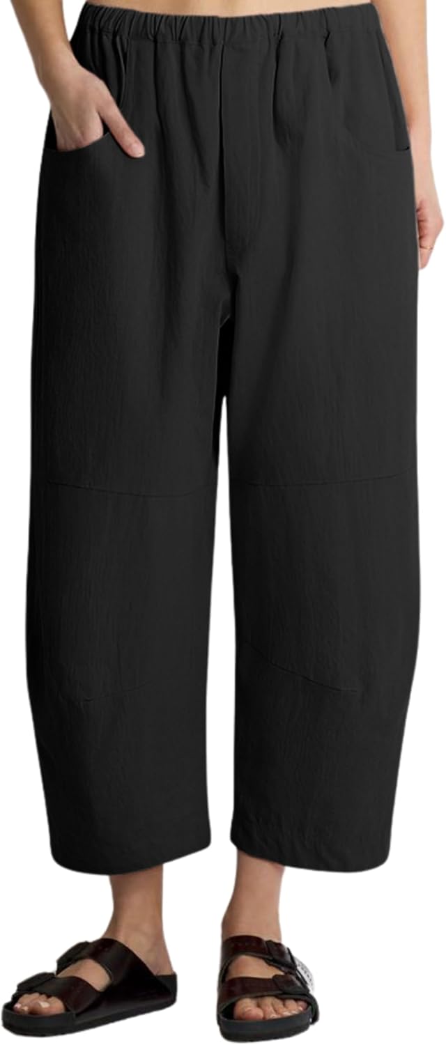 Lviefent Womens Wide Leg Barrel Pants Casual Elastic Waist Linen Cropped Harem Pants Trouser with Pockets