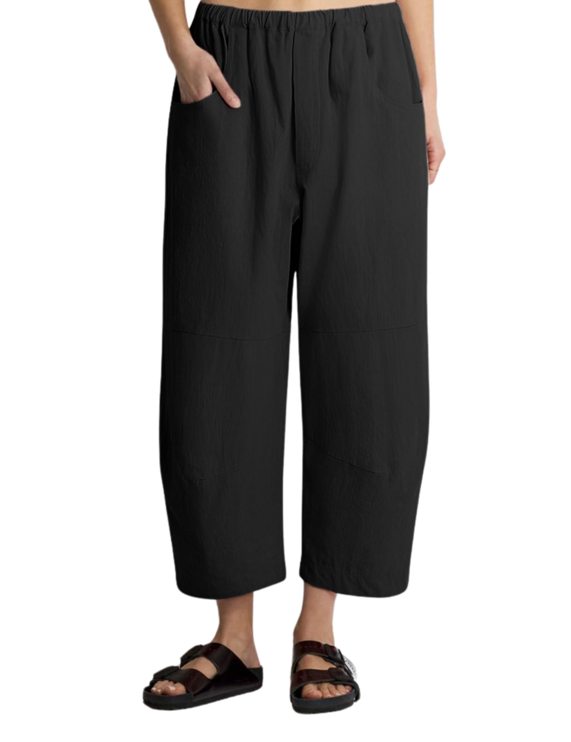 Lviefent Womens Wide Leg Barrel Pants Casual Elastic Waist Linen Ankle Length Pants Trouser with Pockets Black-L