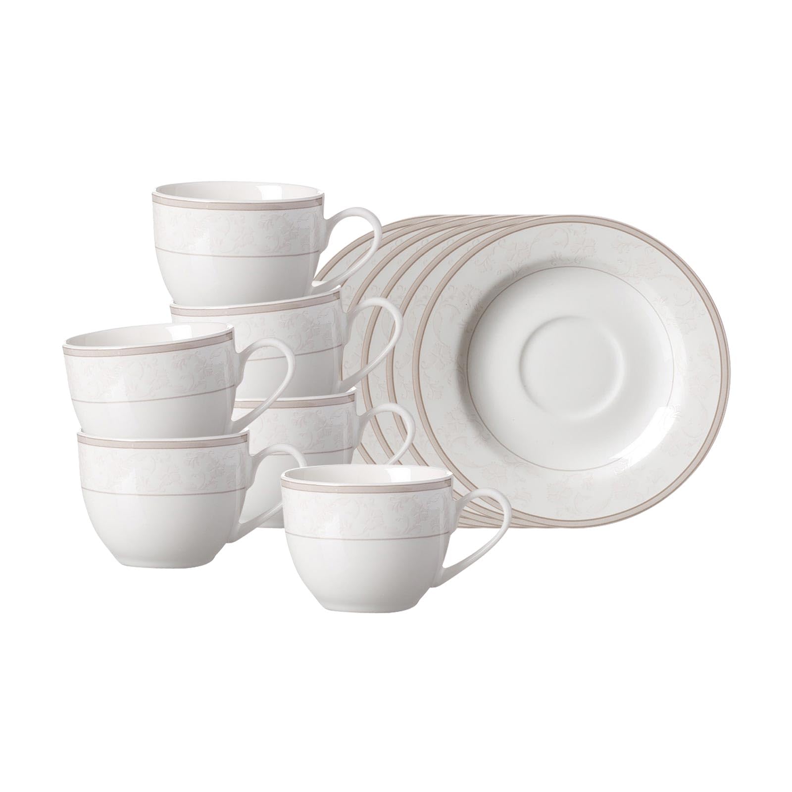 Ritzenhoff & Breker Isabella Espressotassen mit Untertassen 6er Set, 90 ml, Fine-China-Porzellangeschirr, Weiß mit Ornamenten