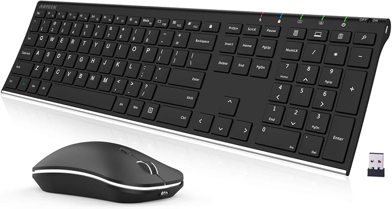 Combo de teclado y mouse inalámbricos 2.4G Teclado ultradelgado de tamaño completo de acero inoxidable y mouse ergonómico para computadora, computadora de escritorio, computadora portátil y Windows 10/8/7 Batería recargable incorporada