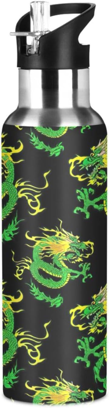 Insulated Water Bottle 20 Oz, BPA-Free Sport Water Bottle Insulated for Gym Outdoor Travel School, Green Dragon Black