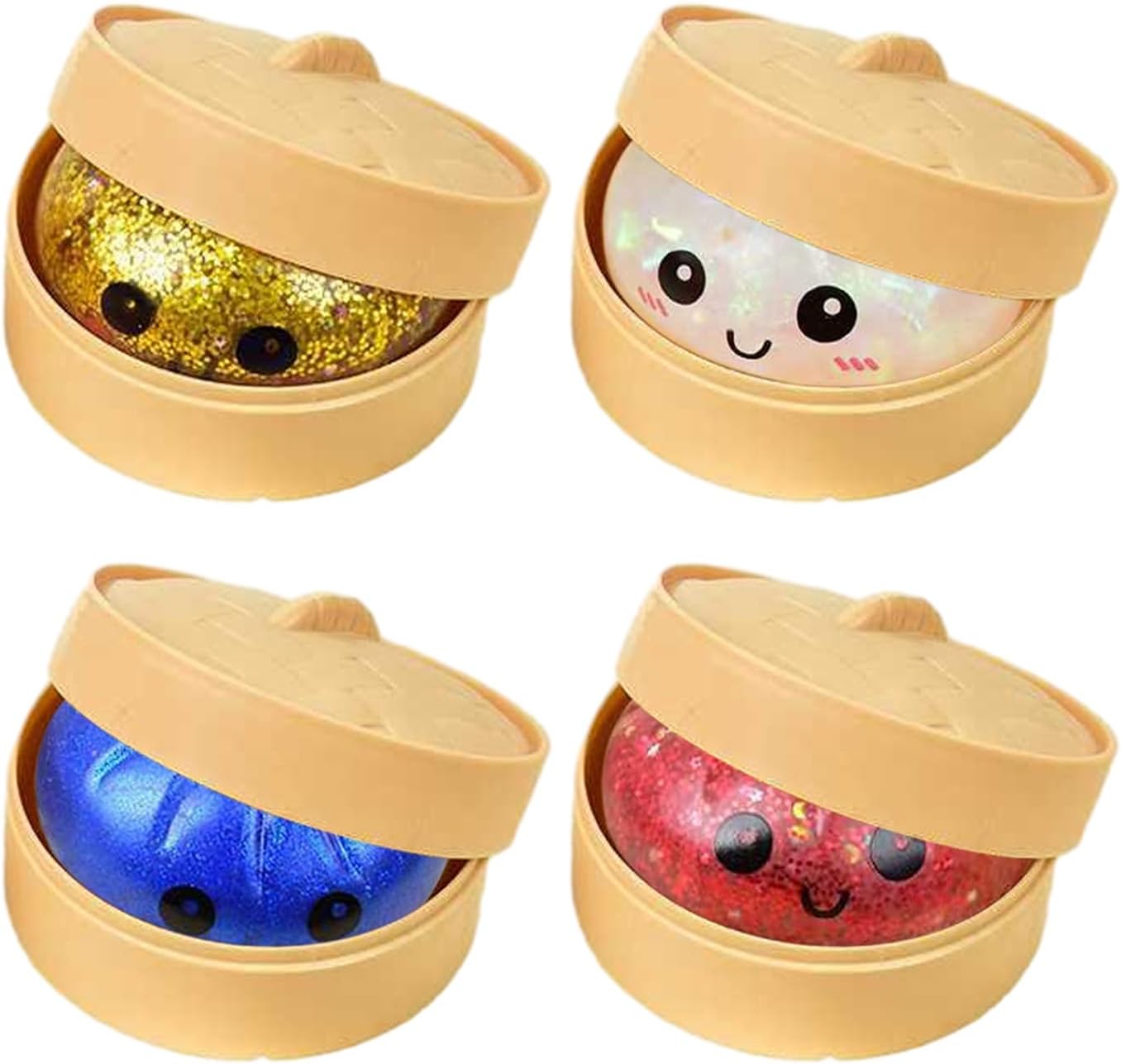 Dumpling Squishy Mystery Box, Glitter Dumpling Squishies Stress Balls with Food Steamer, Mystery Dum pling Squishy Sensory Fidget Toy, Colorful Squishy Dump ling Desk Toy (1 Set)