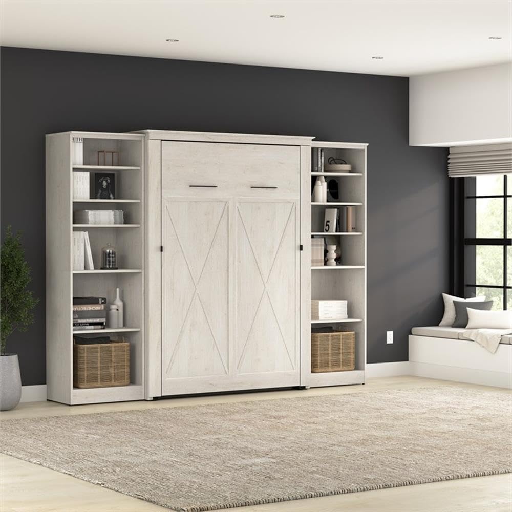 Bestar Key West Full Murphy Bed with Closet Organizers (113W) Space-Saving Sleeping Arrangement for Multipurpose Area, Bedroom, Guest Room, or Living Room in Linen White Oak