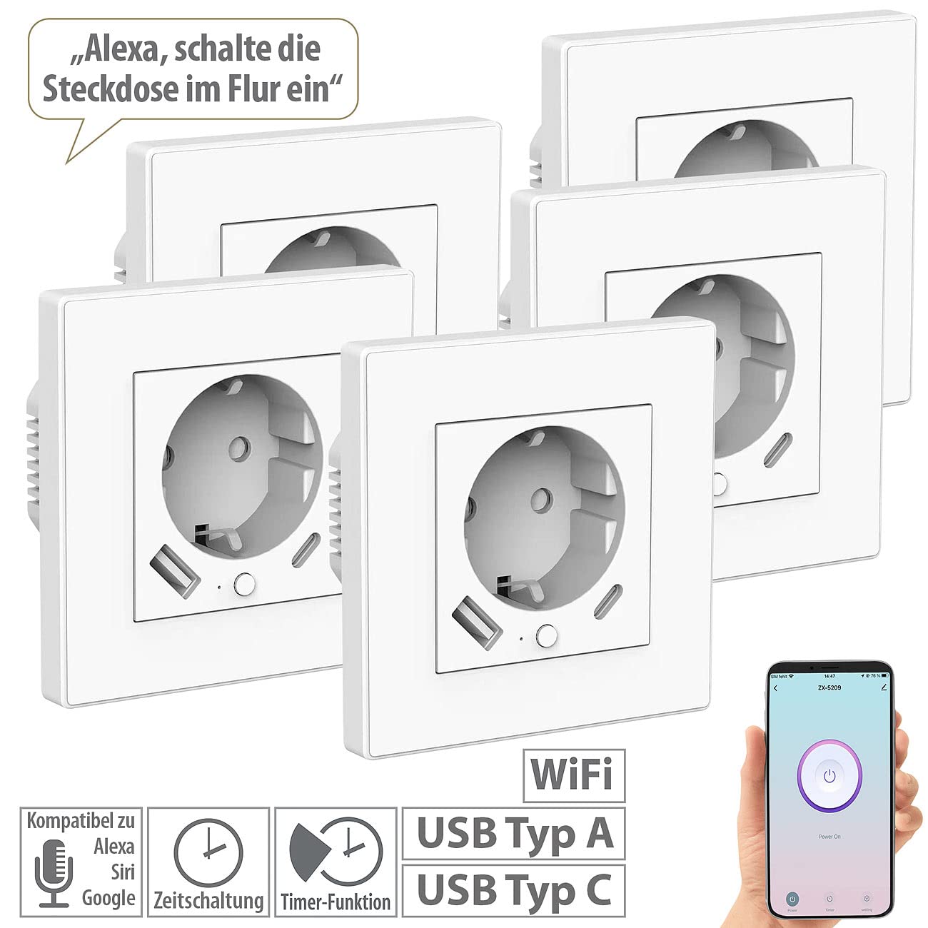 Luminea Home Control Steckdose Smart: 5er-Set WLAN-Unterputzsteckdosen mit App, je 1x USB A, 1x USB C, 2 A (Steckdose C, Netzwerk schalten, Tischsteckdose)