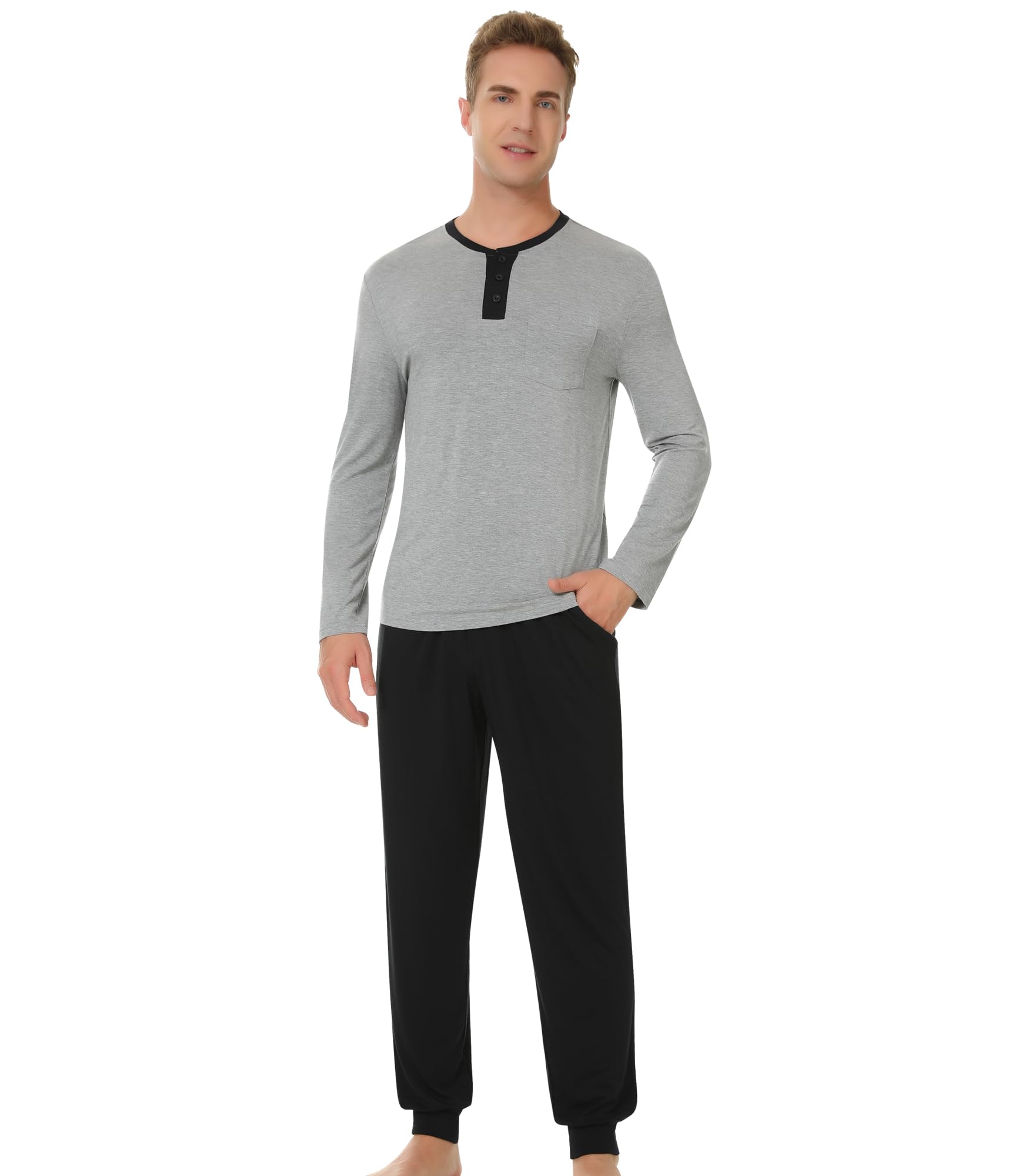 NACHILA Mens Pajamas Set Viscose Made from Bamboo Henley Top Sleep Pants