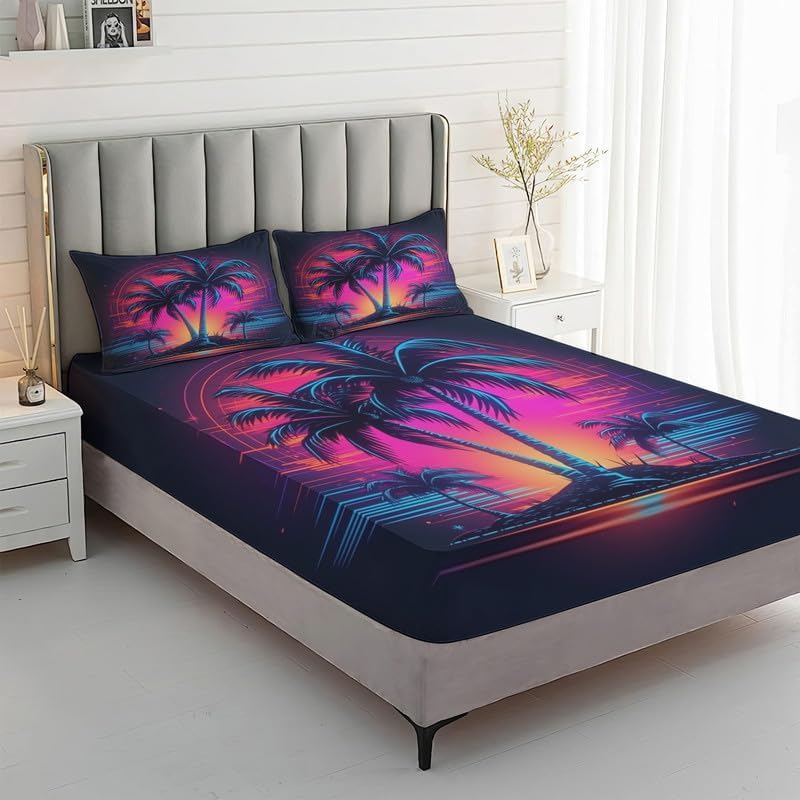 Miniatura 2 de Juego de sábanas tamaño California King, sábanas y fundas de almohada de palmera tropical, microfibra suave, bolsillo profundo y sin arrugas, 1