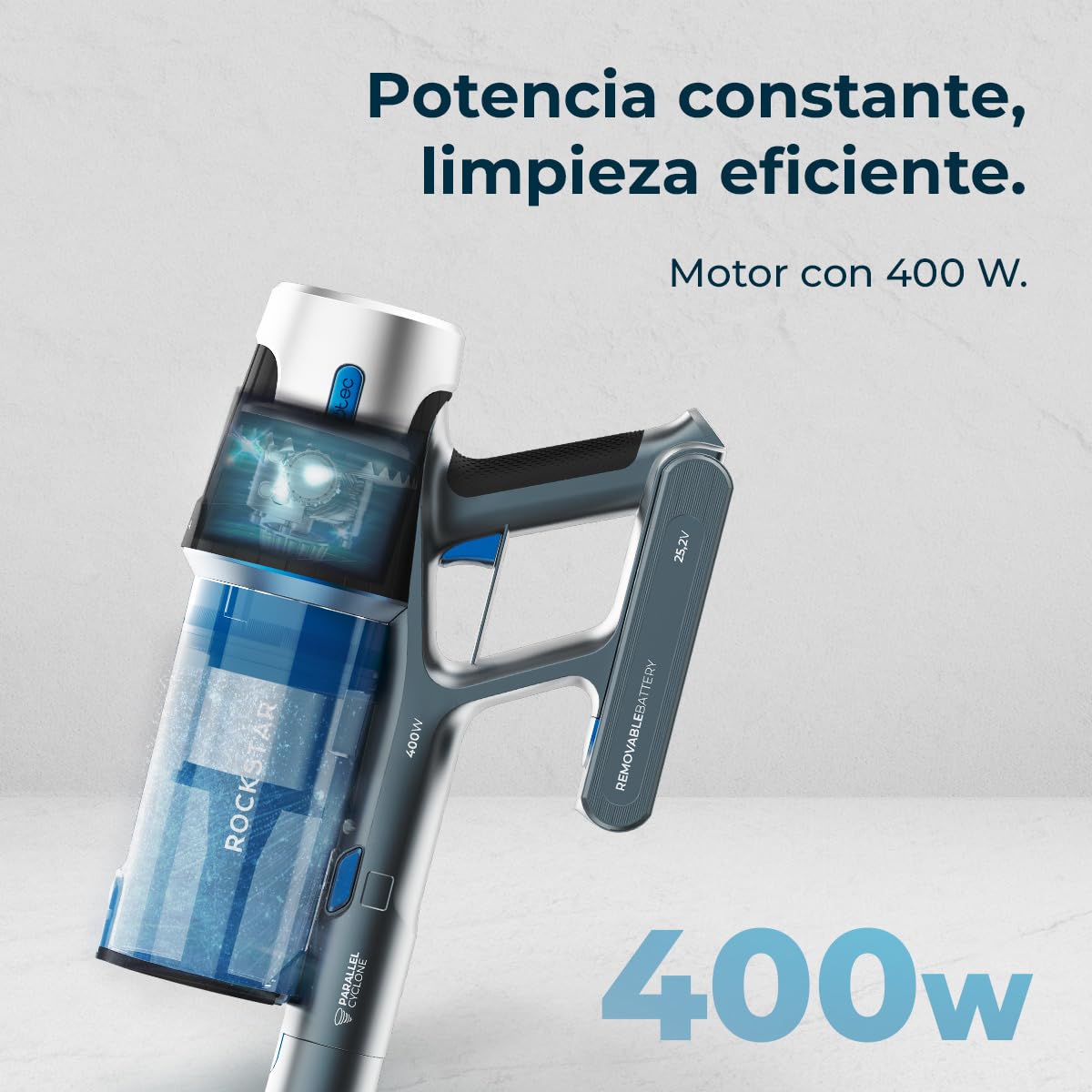 Cecotec Aspiradora Escoba sin Cable 60kPa-400W-120AW-60mins de Autonomía en Modo Eco - Conga Rockstar RS50 X-Treme. Motor de 400W, Tubo Rígido y Cepillo Mixto XL, Limpia hasta 130m2