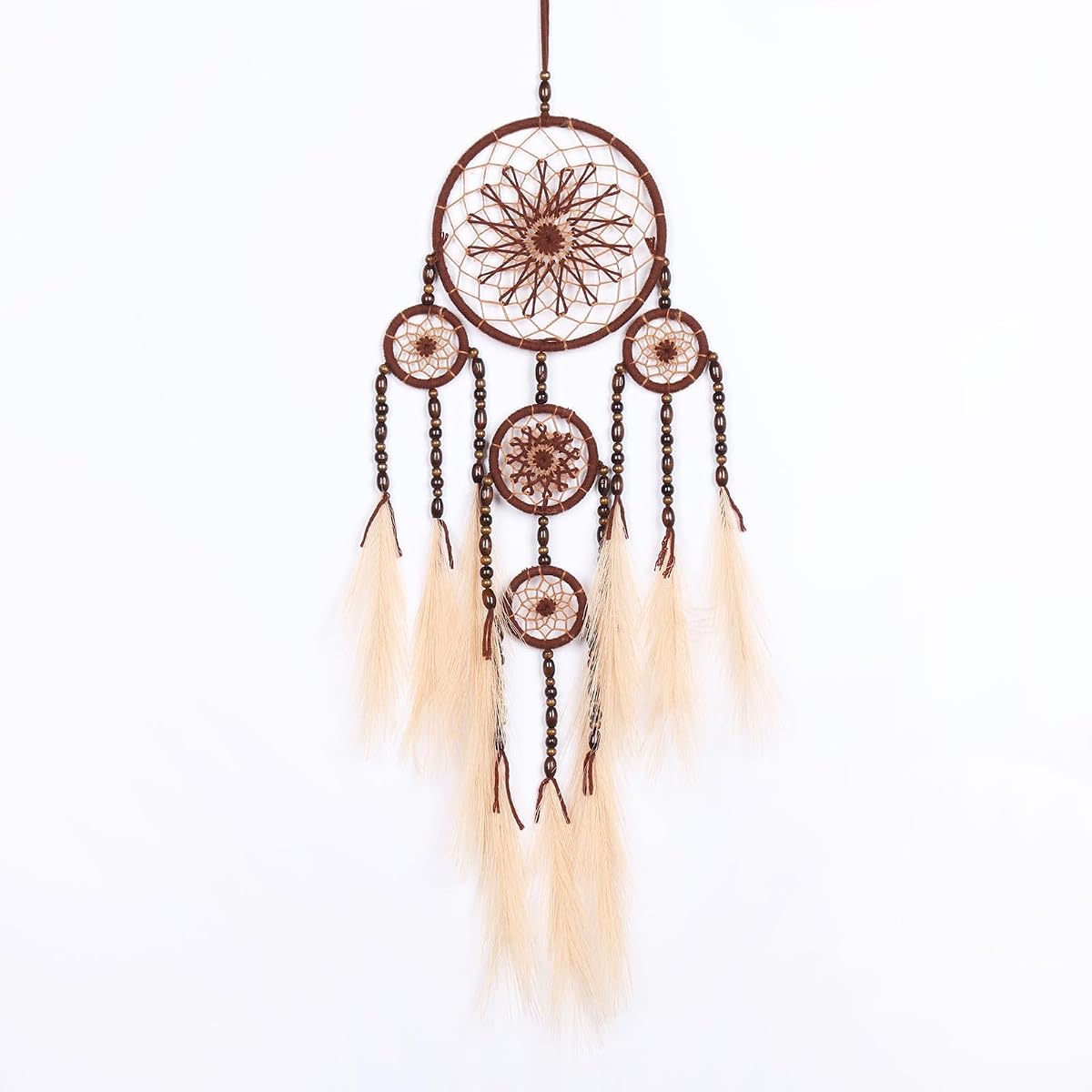 Pretty Jolly Pampas Grass Dream Catchers Decoración de pared con grandes nativos americanos rojos hechos a mano Cazador de sueños de brujas con cuentas de madera para adultos Dormitorio Boda Jardín Bendice Regalo de Cumpleaños-5 Anillos