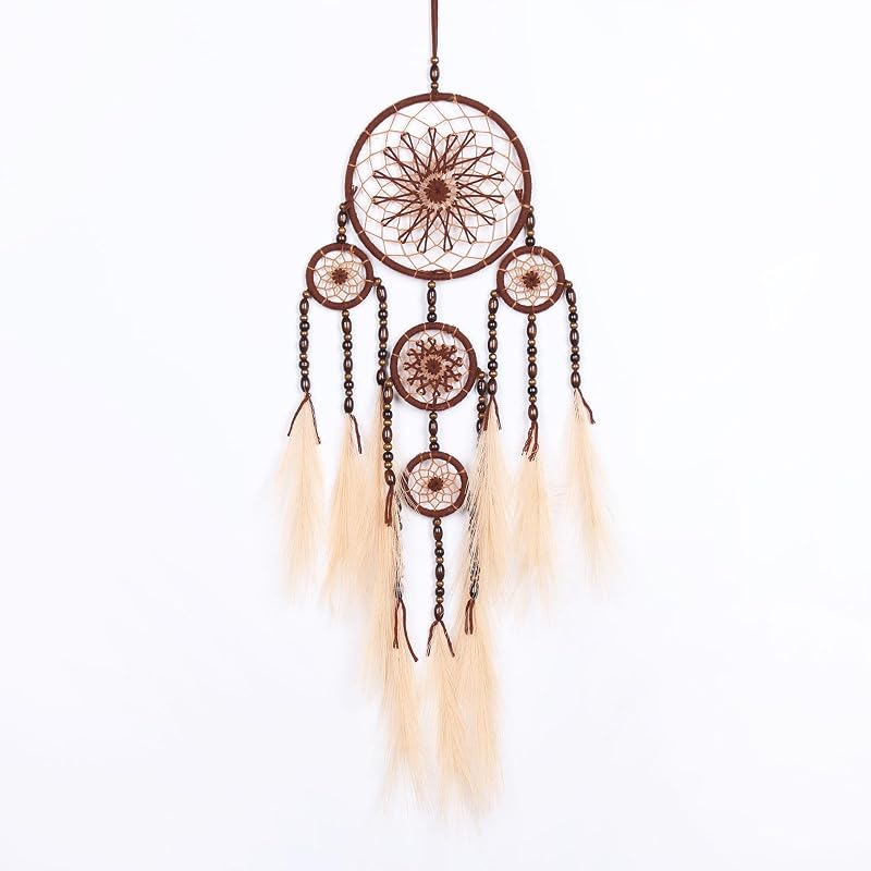 Pretty Jolly Pampas Grass Dream Catchers Wall Decor with Handmade Large Red Native Americans Witch Dreamcatcher with Wood Beads for Adults Bedroom Wedding Garden Bless Birthday Gift-5 Rings