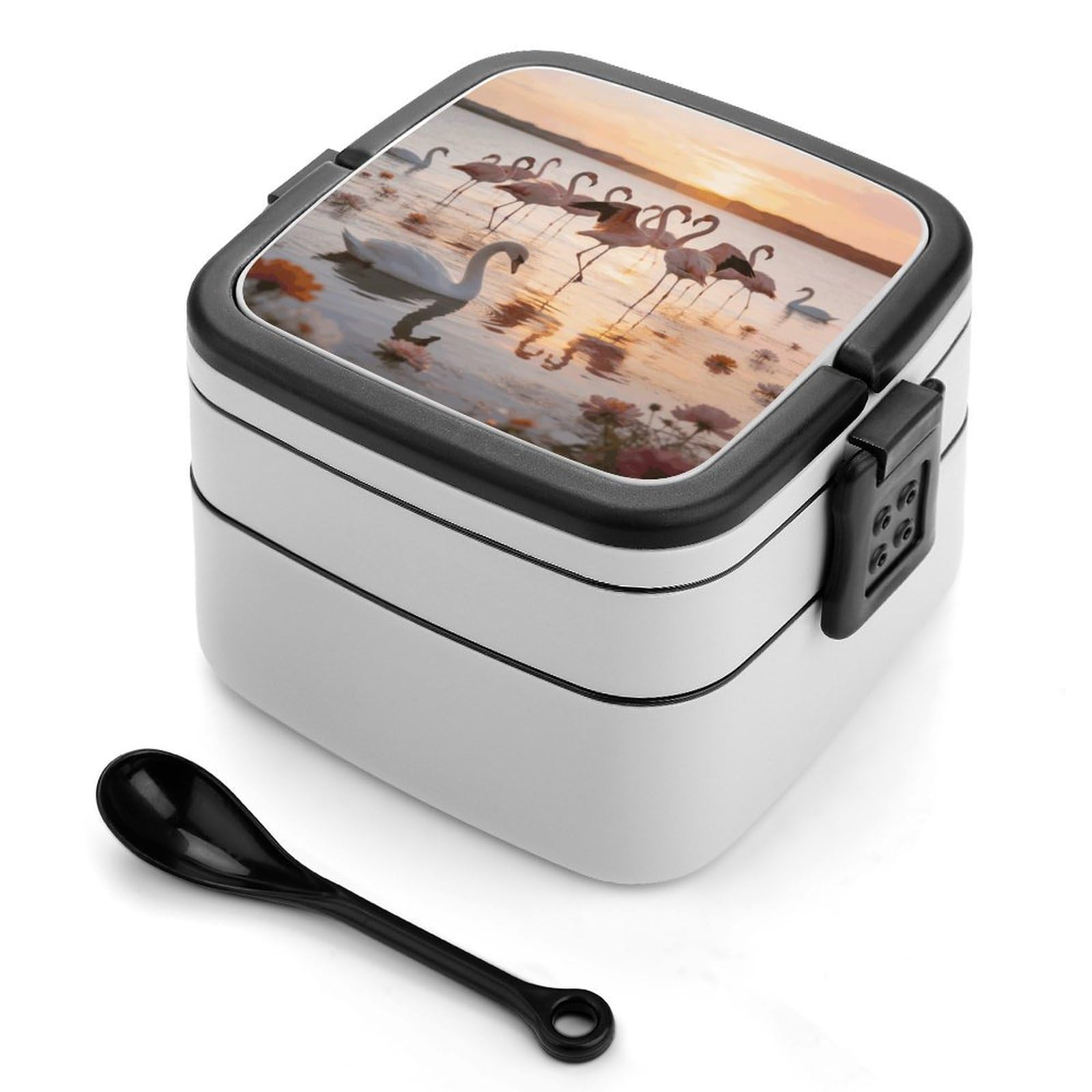 LZQPOEAS Flamingos Bento Box with Handle Spoon Portable Leak-Proof Lunch Box 1000 ML Large Insulated Adult Lunch Boxes 2-Layer Stackable Lunch Container for Work Gym Outdoor