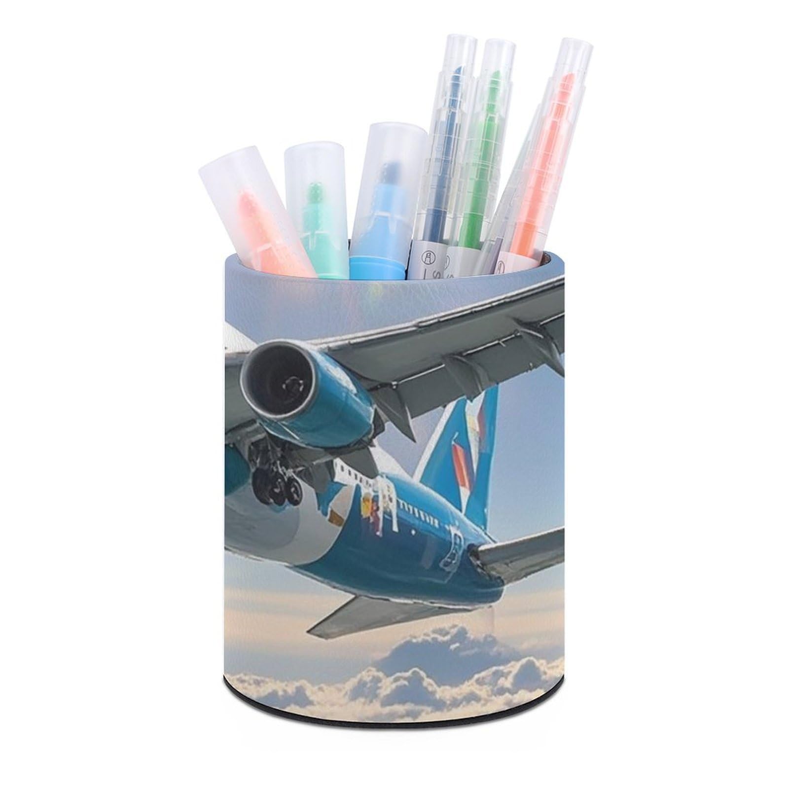 FekiLoot PU Leather Round Pen Holder Airplane Pencil Holder Desk Organizer Pen Organizer Pen Cup Pencil Cup Caddy Desktop Stationery Organizers for Office Home Supplies