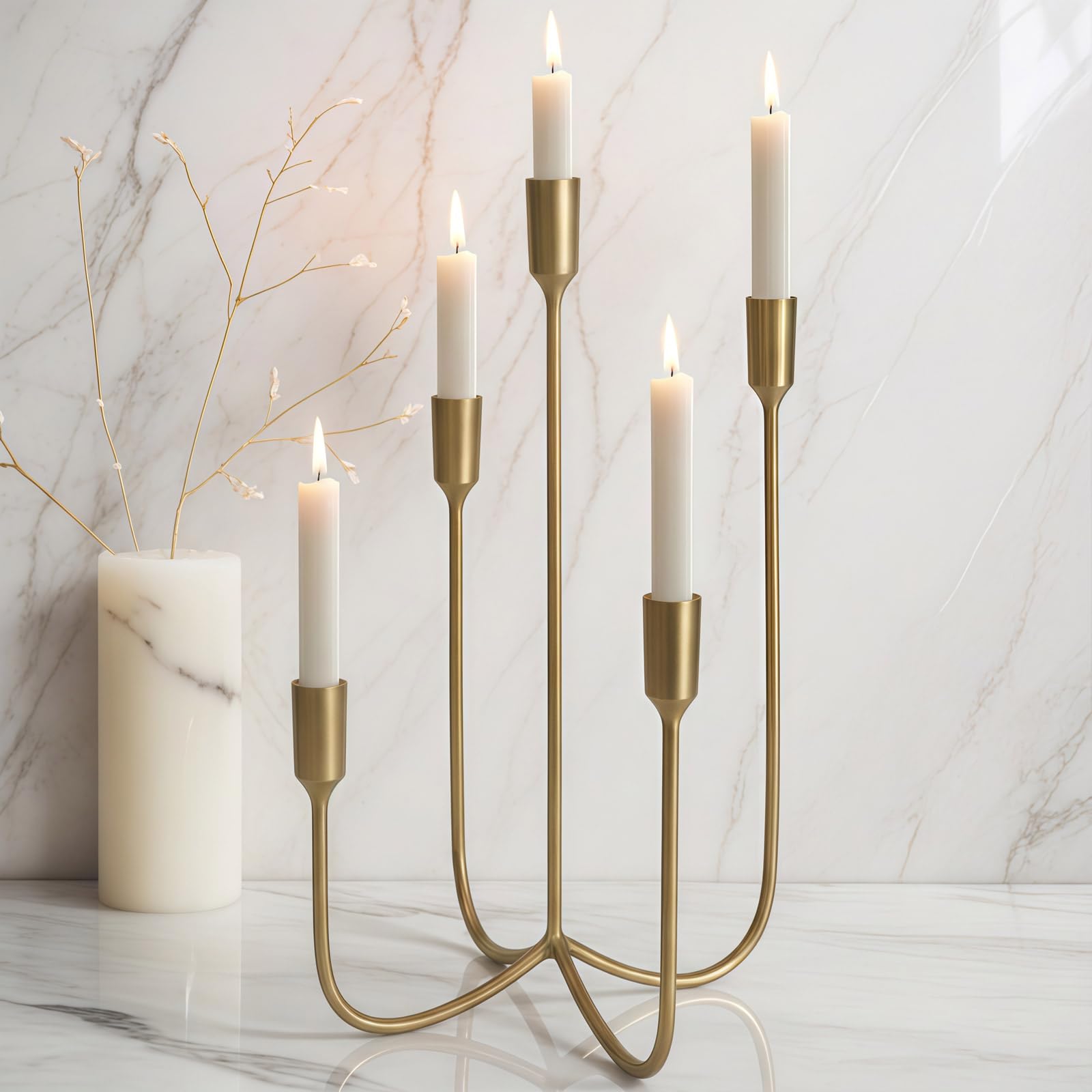 Photo 1 of Yielycan Candelabra for 5 Taper Candles – Hand-Forged Candle Holder with Elegant Vintage Finish – Decorative Centerpiece for Dining Room, Living Room or Mantel Decor?Brass Color-Straight?