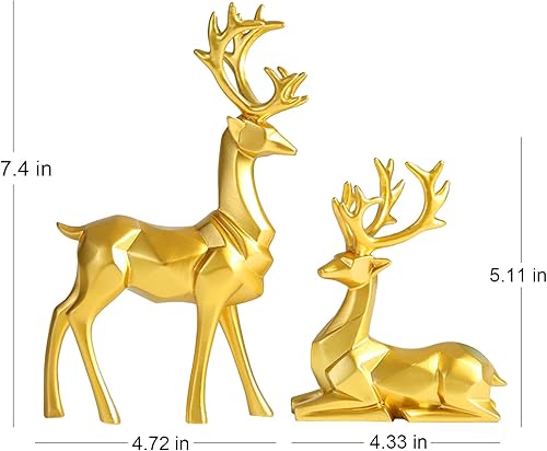 Miniatura 5 de Figuras de reno de Navidad, 2 estatuas geométricas 3D de resina de alce sentado de pie elegante ciervo de la suerte, escultura de ciervo dorado