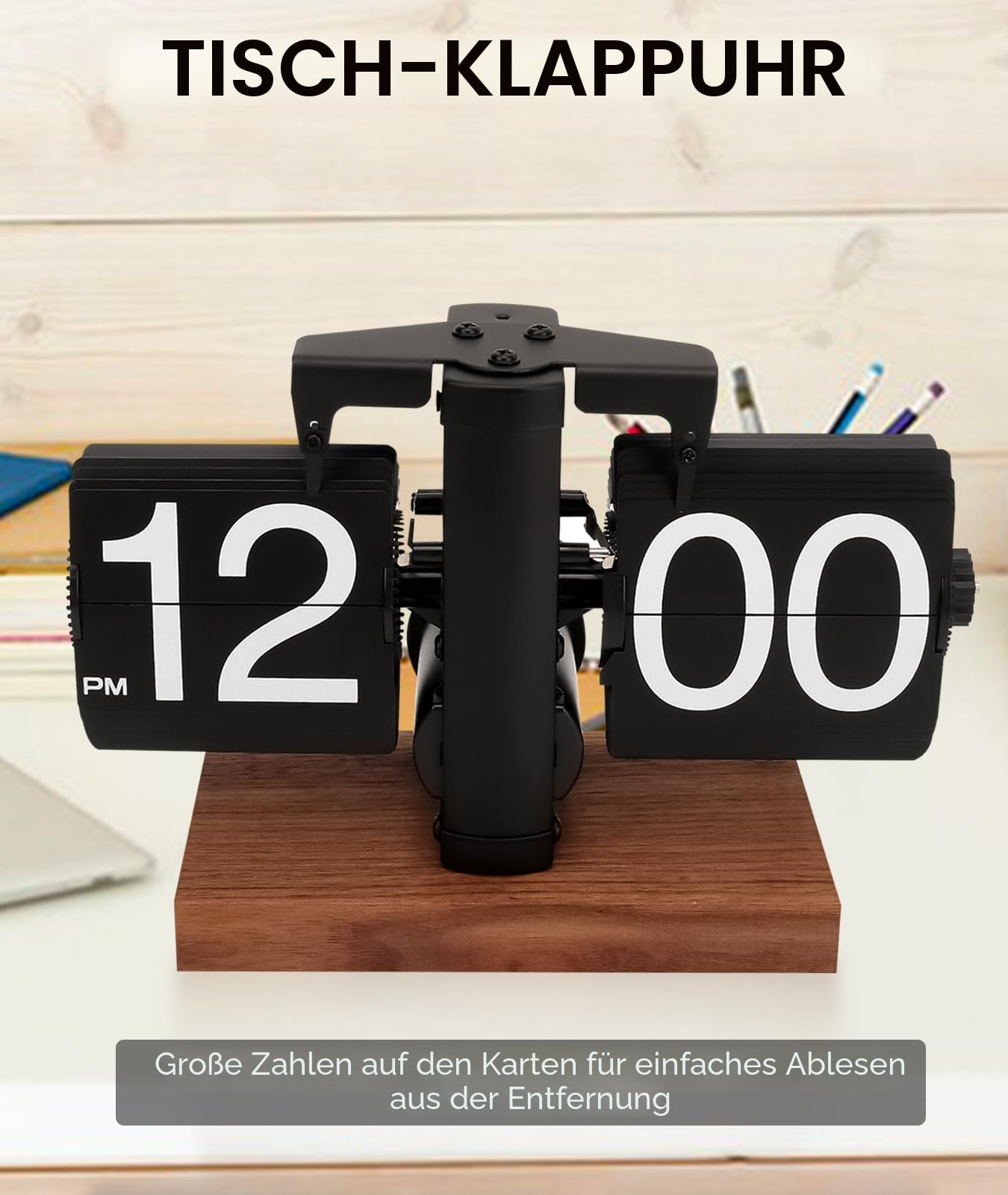 Retro-Flip-Uhr, Vintage-Tischuhr, digital, automatisches Drehen, batteriebetrieben, mechanische Schreibtischuhr, schwarz, ideal Zuhause, Büro, Raumdekoration (Batterie