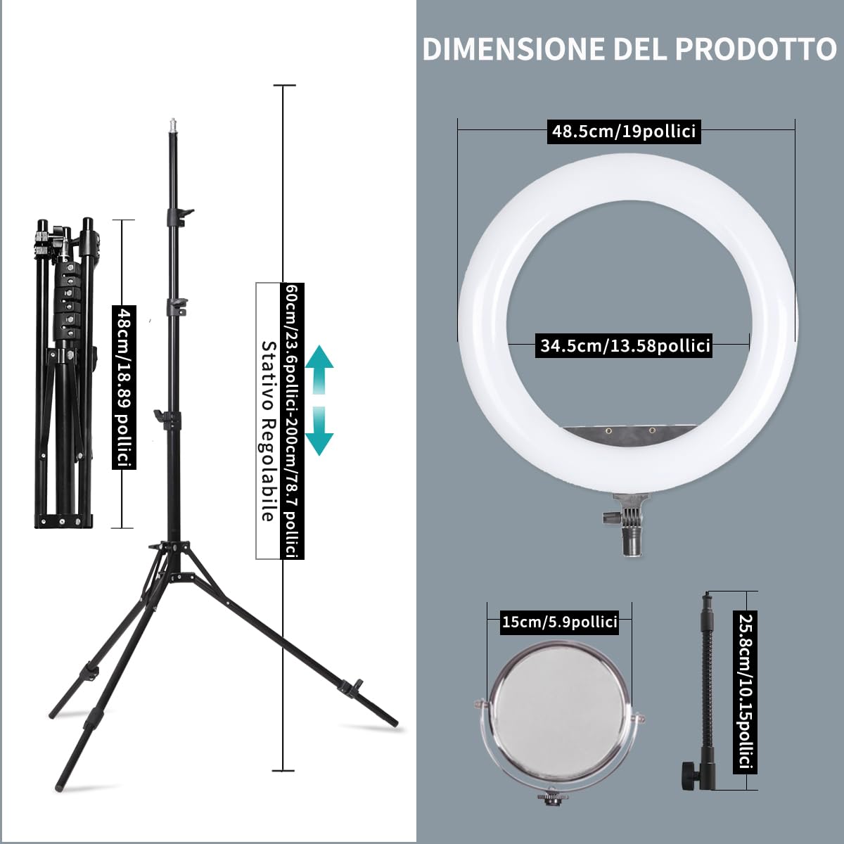 19" LED Luce Anulare Kit con Stativo, Specchio e Supporto per Telefono per La Fotografia in Studio, Ritratto, Selfies, Live Streaming, Registrazione Video, Riempimento Trucco di Bellezza