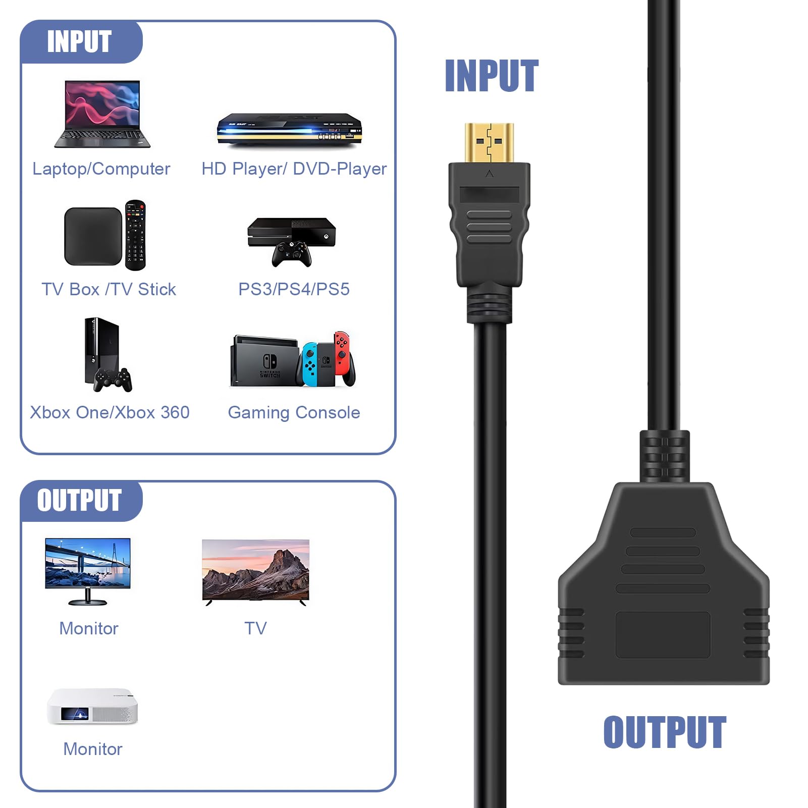 Adaptador Divisor HDMI 1 a 2, Divisor HDMI Macho a Doble Hembra 1080P, Cable Splitter para TV, Monitor, Proyector y Pantallas HD, Duplicador de Señal para Usar Pantallas con un Solo Puerto — view 4