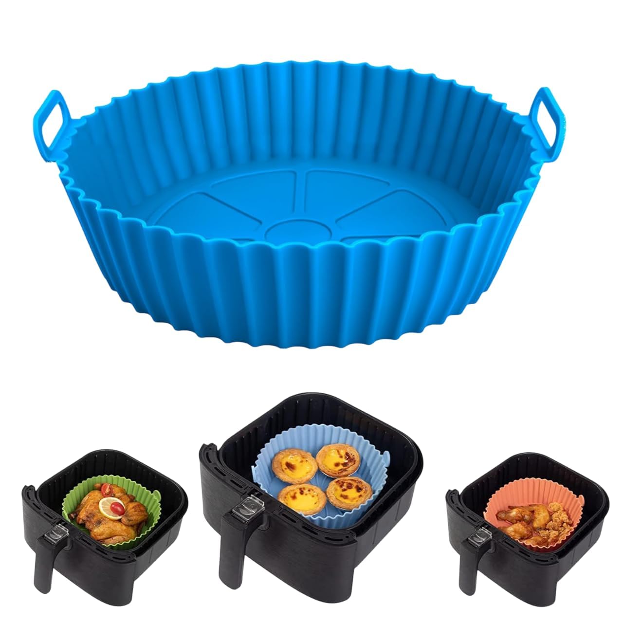 Air Fryer Liners I Round Silicone Basket Baking Tray I Pot with Ear Handles I Nonstick Reusable Heat Resistant I Cooking Oven Insert Accessories - Multicolor (1)-image-9