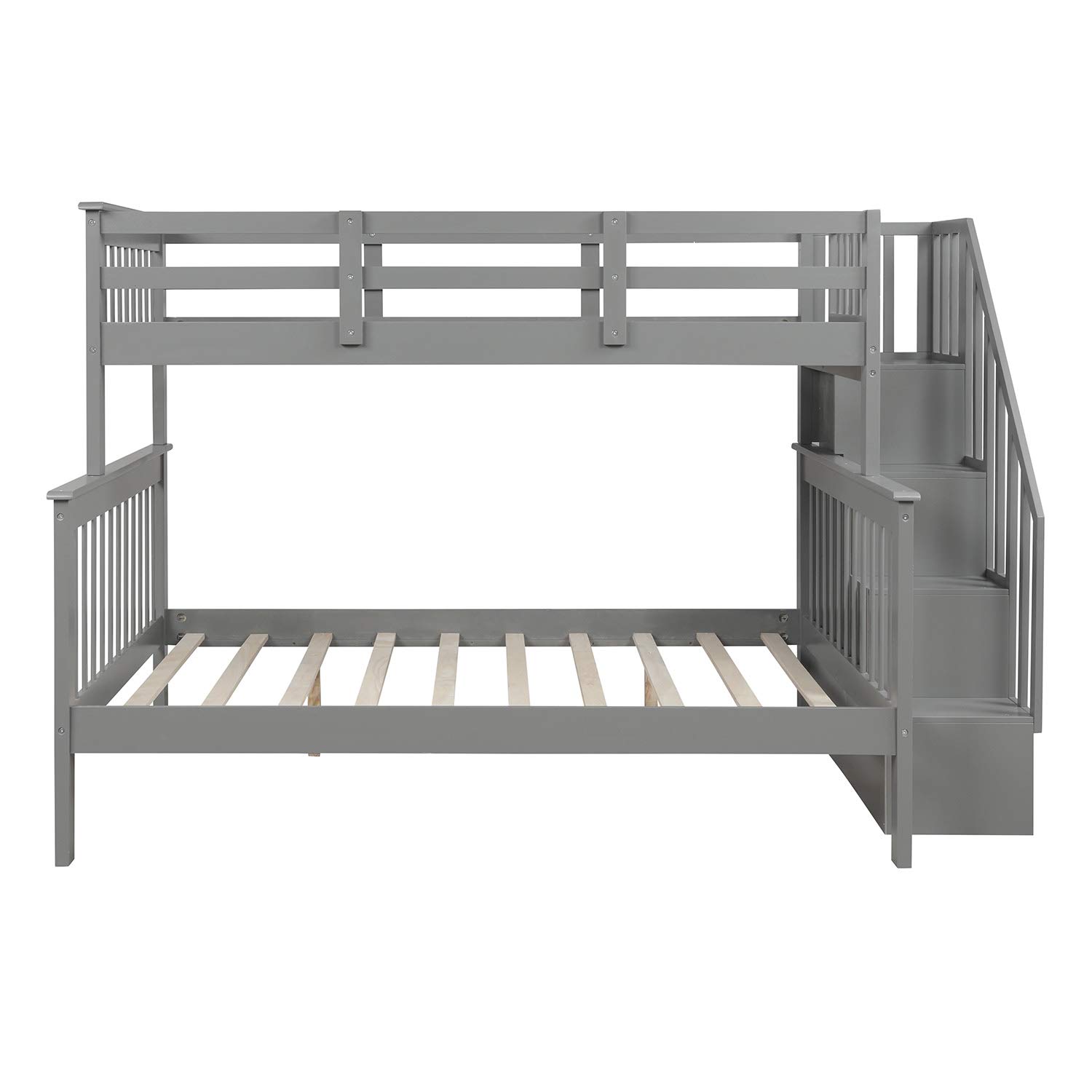 Low Bunk Bed with Staircase, Twin Over Full Bunk Bed with Storage, Bunk