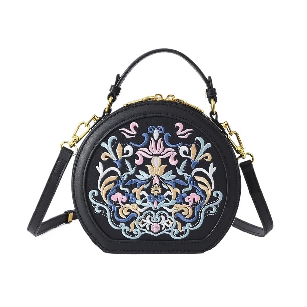 Minimalist Niche Embroidered Round Bag: Style PU Women's Handbag & Crossbody Shoulder Bag(Black)