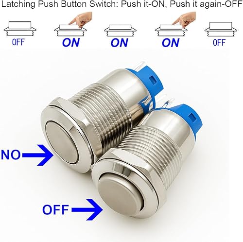 Miniatura 3 de Gebildet 4pcs 0.472 in 3A 12V24V110V250VAC Interruptor de botón impermeable con pestillo de cobre niquelado interruptor de botón de encendido y