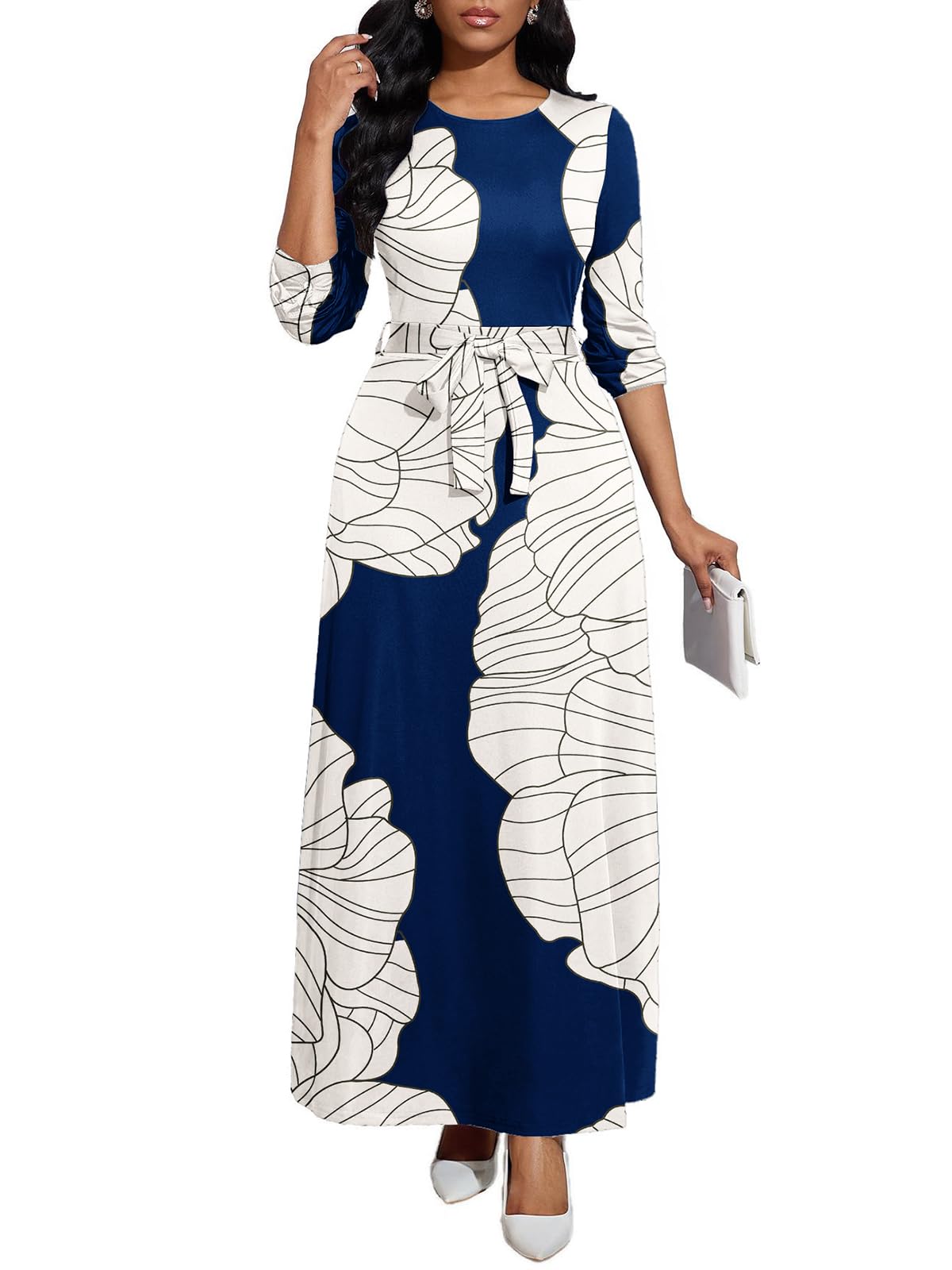 BubFee Long Dress for Women Casual Long Sleeve Dresses Maxi Dress Empire Waist Loose with Belt