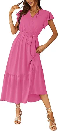 PRETTYGARDEN Women's Summer Floral Boho Maxi Dress Wrap Short Sleeve V Neck Ruffle A-Line Flowy Wedding Guest Long Dresses