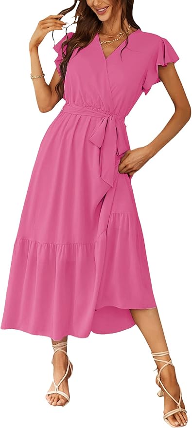 PRETTYGARDEN Women's Summer Floral Boho Maxi Dress Wrap Short Sleeve V Neck Ruffle A-Line Flowy Wedding Guest Long Dresses