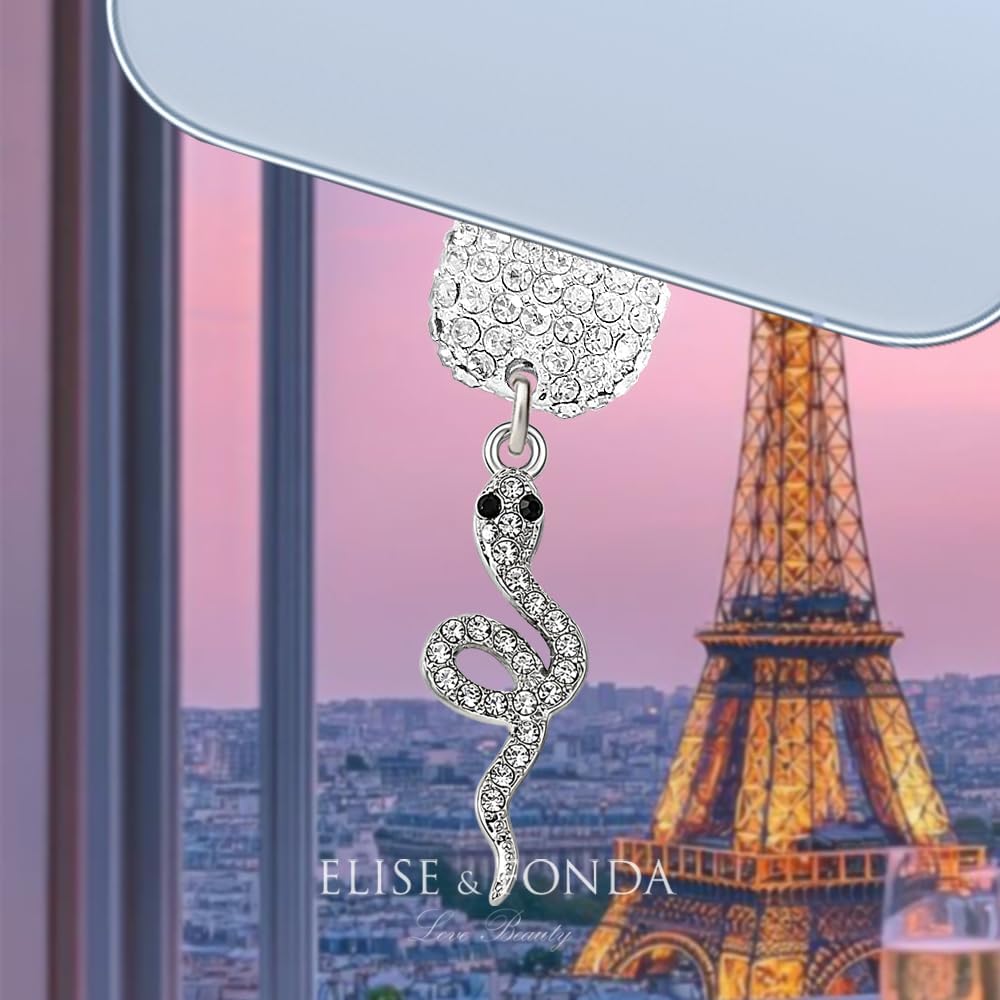 ELISE & FONDA CP711 USB Charging Port Crystal Anti Dust Plug Little Snake Phone Charm for iPhone 14/13/12/11/ XS MAX/XR/X/8 Plus/7/6S/8/SE iPad iPod (Silver)