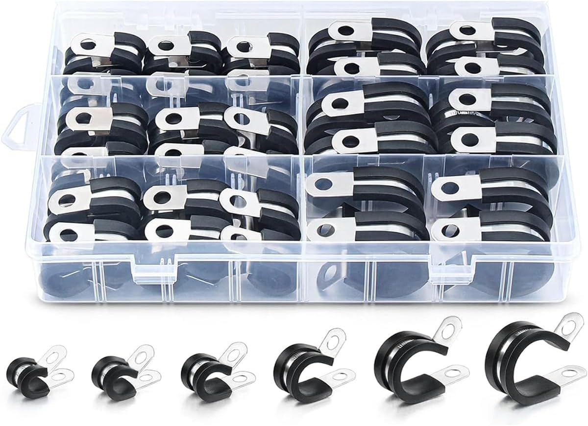 52Pcs Cable Clamp Assortment Kit, 6 Sizes - 304 Stainless Steel Rubber Clamp, R-Type Rubber Insulation, Buffer Insulation Fixing, Connecting Pipe, Durable, Sturdy