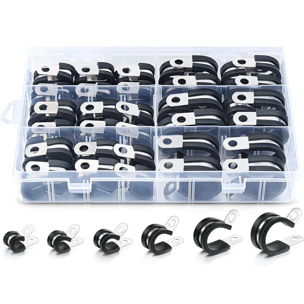 52Pcs Cable Clamp Assortment Kit, 6 Sizes - 304 Stainless Steel Rubber Clamp, R-Type Rubber Insulation, Buffer Insulation Fixing, Connecting Pipe, Durable, Sturdy