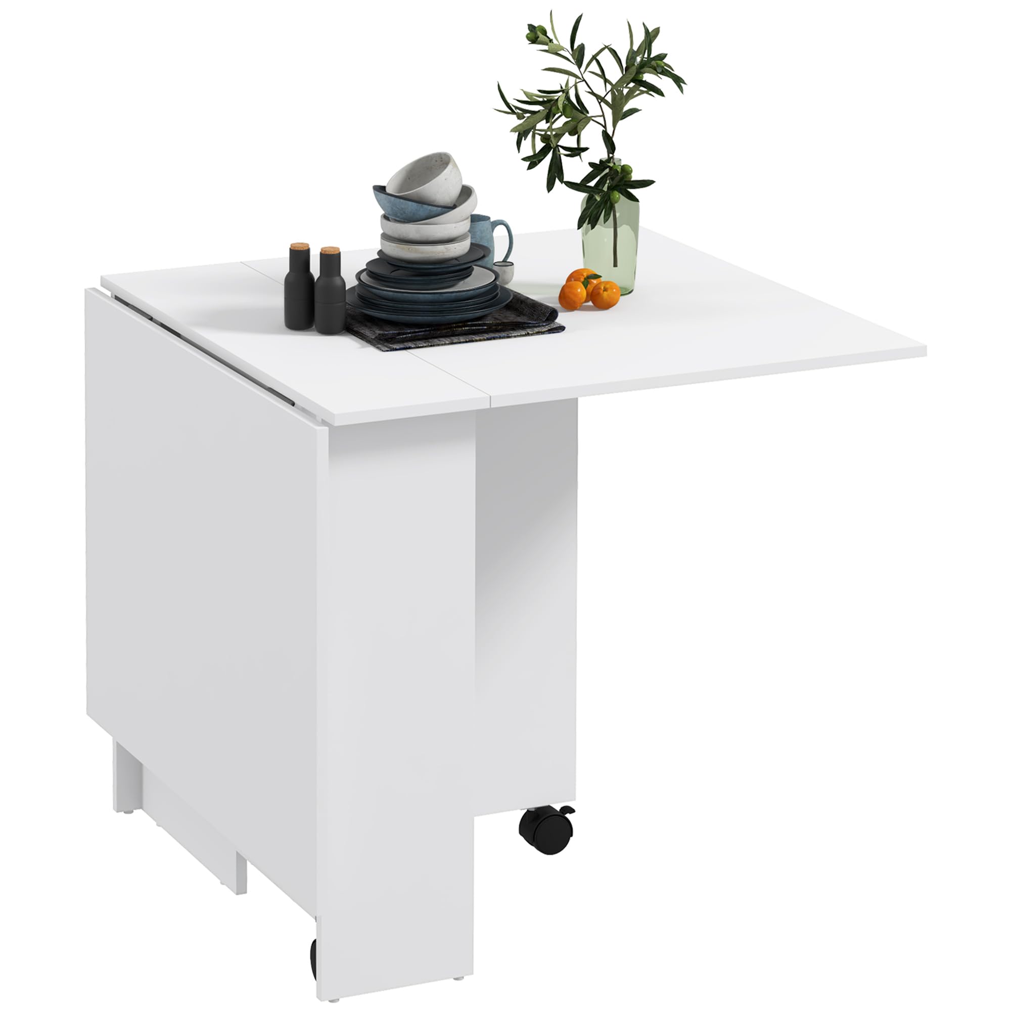 HOMCOM Tavolo da Pranzo Pieghevole, Tavolo Cucina a Ribalta con Ruote a Freno per 4-6 Persone, Scrivania Richiudibile con Ripiani, per Soggiorno, 140x80x74 cm, Bianco