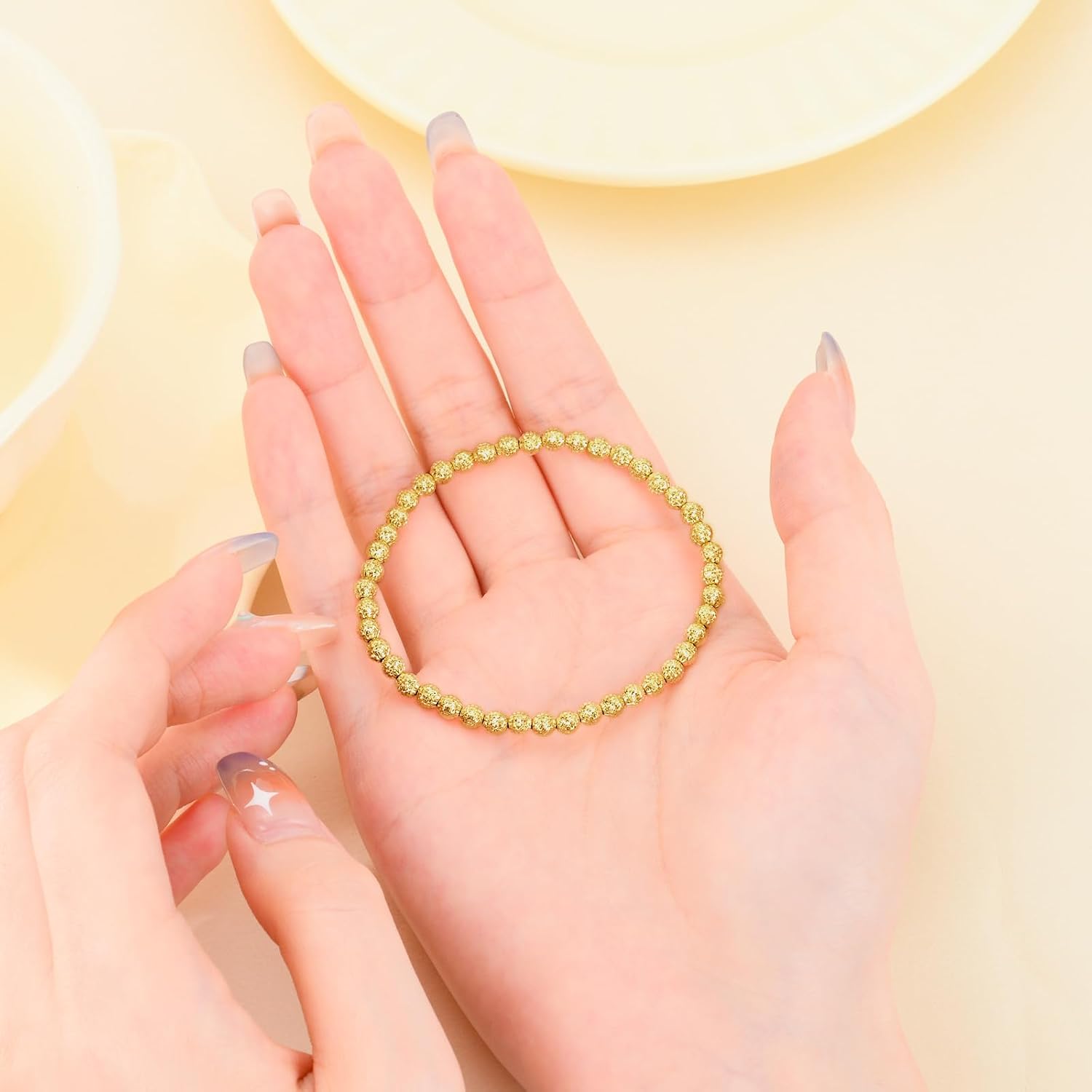 14K Gold 3mm/4mm/5mm/6mm Gold Bead Stretch Bracelet for Women, 14K Gold Bead Ball Stretch Bracelet, Stretchable Gold Ball Bead Stretch Bracelet for Women, 5inch-9inch